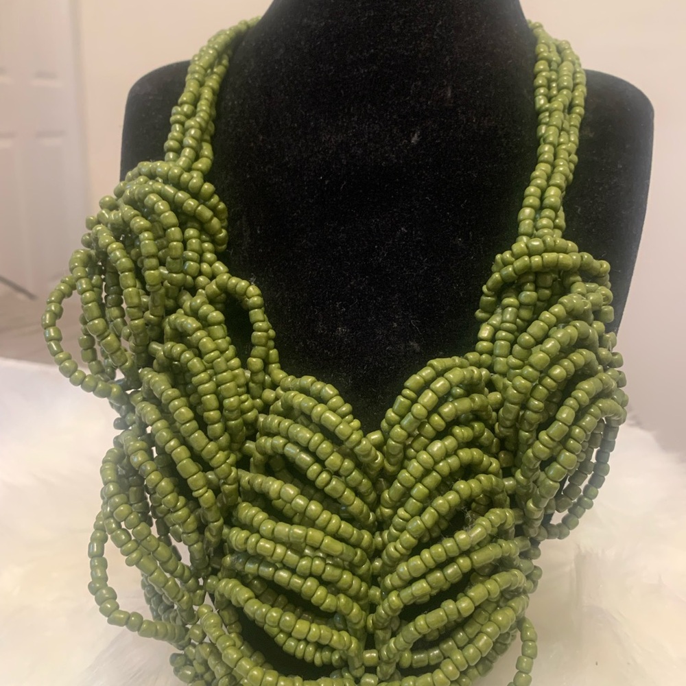 Handcrafted Olive Green Beaded Statement Necklace